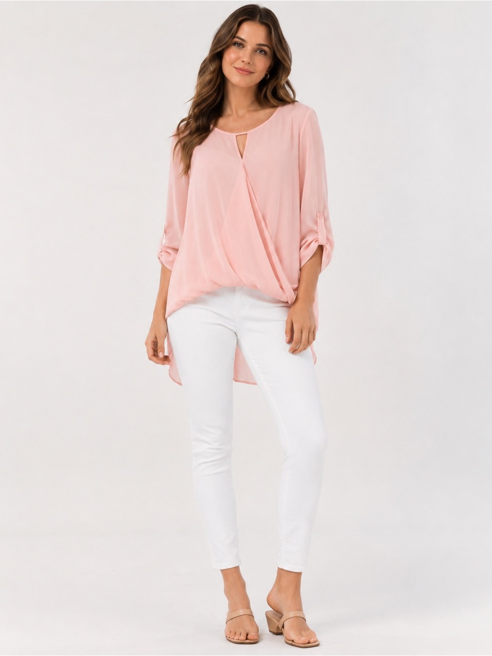 Wishful Park Pink Faux Wrap High Low Chiffon Blouse L
